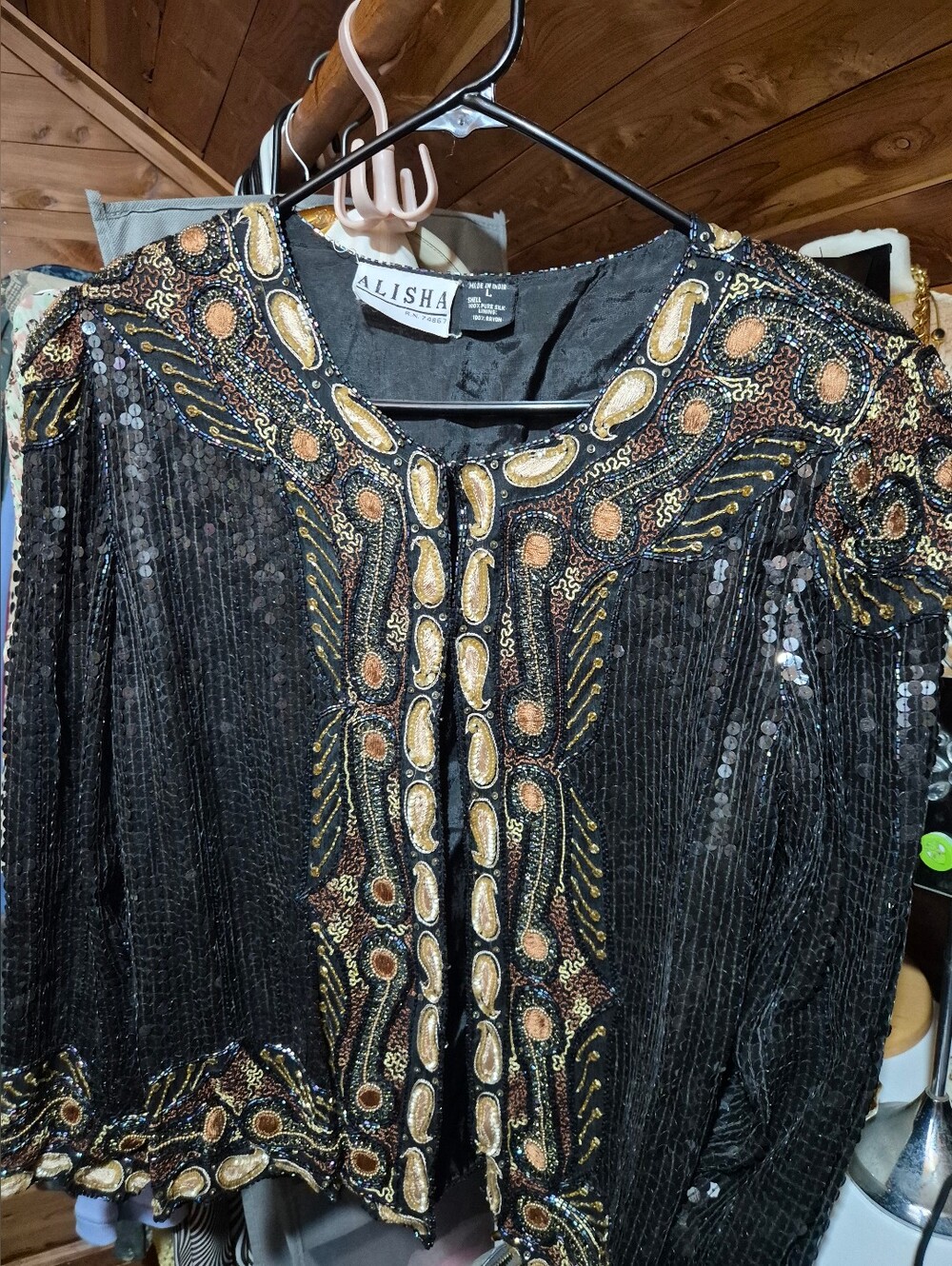 Vintage 80's Alisha Black Sequin Jacket with Gold & Tan Beaded